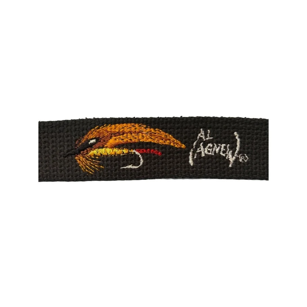 Al Agnew Mens Black Canvas Leather Fishing Fly Embroidered Belt Size 36 USA Made